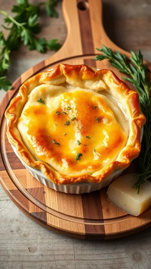A delicious turkey pot pie with golden puff pastry, garnished with herbs, on a wooden cutting board.