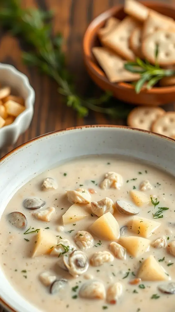 A bowl of creamy clam chowder with potatoes, garnished with herbs and served with crackers on the side.
