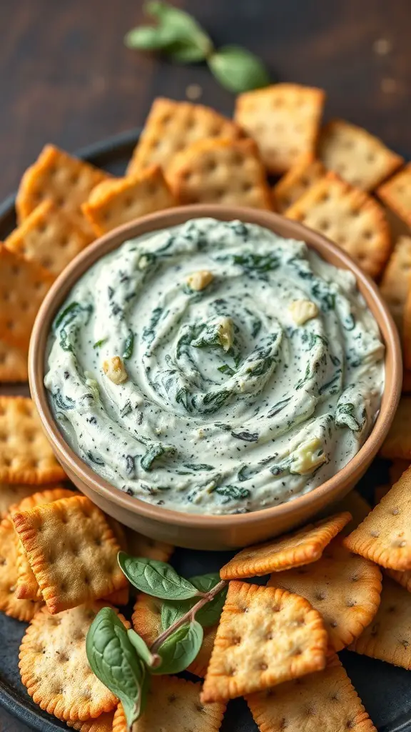 A bowl of creamy spinach and artichoke dip surrounded by crispy Triscuit crackers.