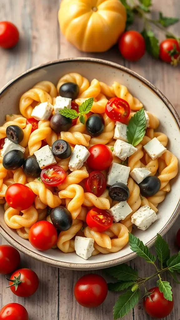 A bowl of elbow pasta with feta cheese, olives, and cherry tomatoes, garnished with fresh herbs.