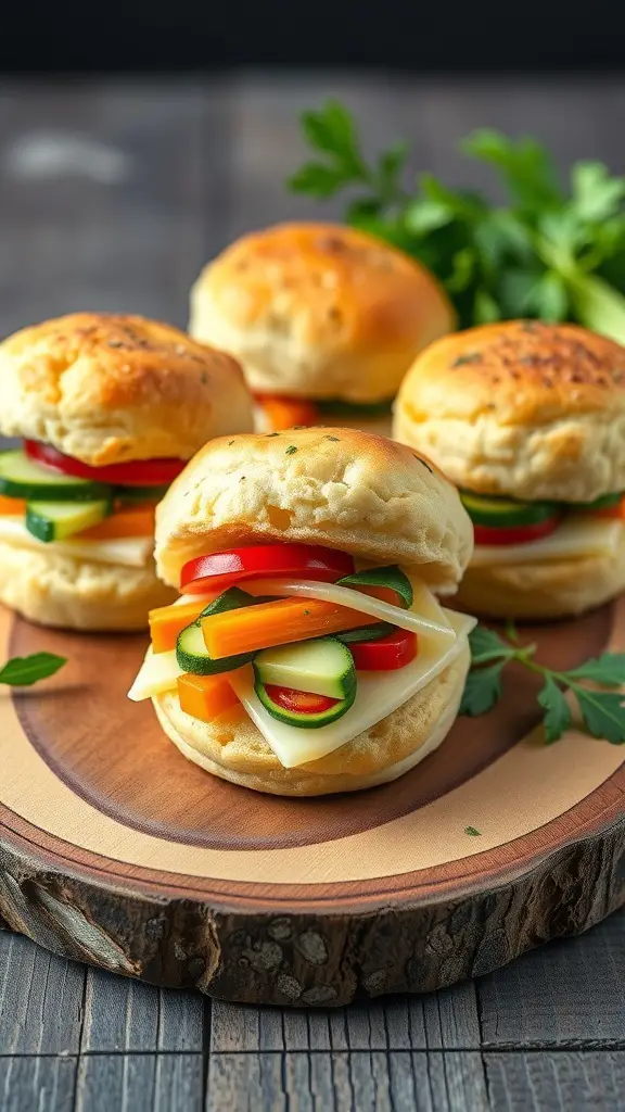 A close-up of herbed garlic biscuit sliders with colorful vegetables and cheese on a wooden platter.