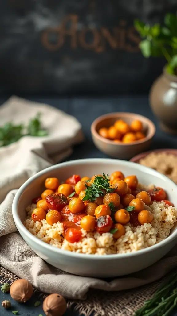 A bowl of Moroccan Chickpea Stew with chickpeas, tomatoes, and herbs served over grains.