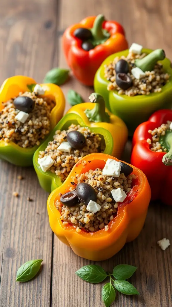 Colorful Mediterranean stuffed peppers filled with grains, olives, and feta cheese on a wooden table.