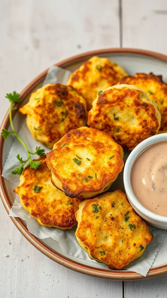 A plate of golden-brown zucchini and corn fritters with a dipping sauce.