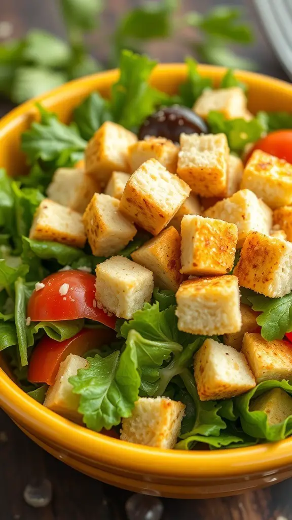 A bowl of salad topped with golden biscuit croutons, fresh greens, and tomatoes.