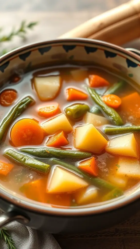 A bowl of homemade vegetable soup with carrots, potatoes, and green beans.