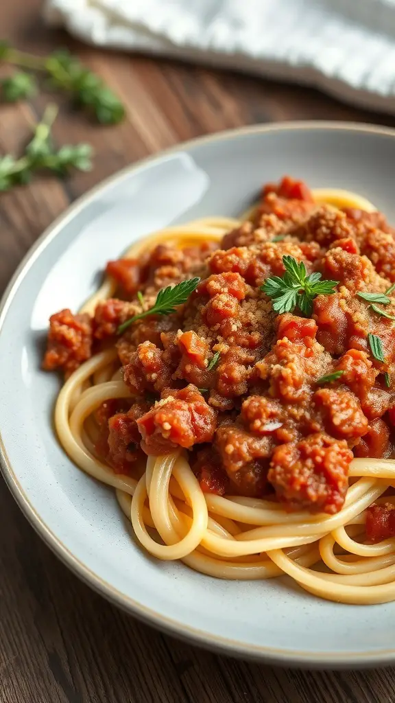 A plate of fettuccine pasta topped with Bolognese sauce and garnished with parsley.