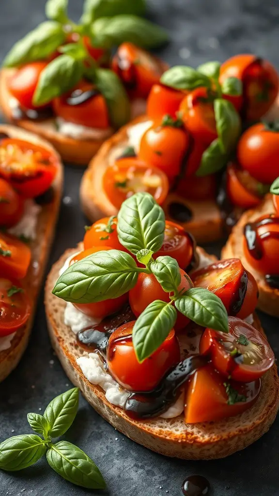 Delicious bruschetta topped with fresh tomatoes and basil on toasted bread.