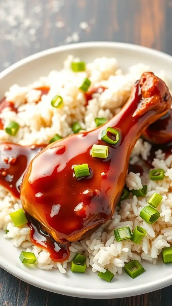Teriyaki turkey drumsticks served over rice with green onions