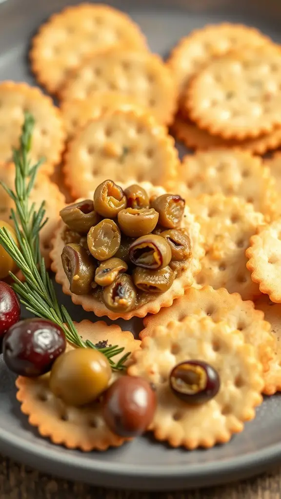 Ritz crackers topped with Mediterranean olive tapenade and garnished with rosemary