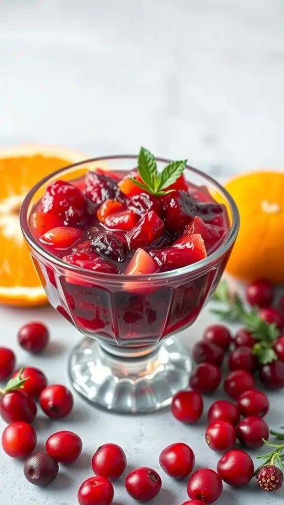 A bowl of cranberry orange relish with fresh cranberries and an orange in the background.