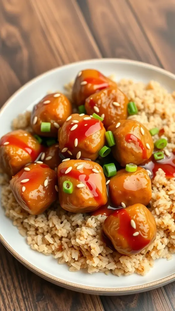 A plate of sweet and sour turkey meatballs served over rice, garnished with green onions.
