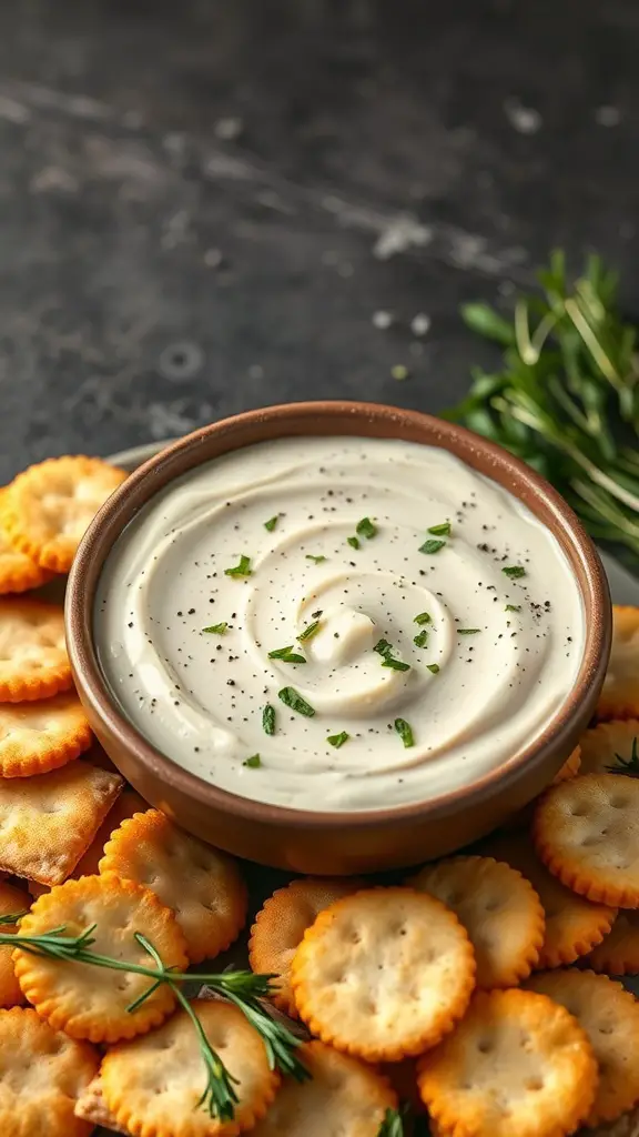 A creamy dip in a bowl surrounded by Saltine crackers, garnished with herbs.