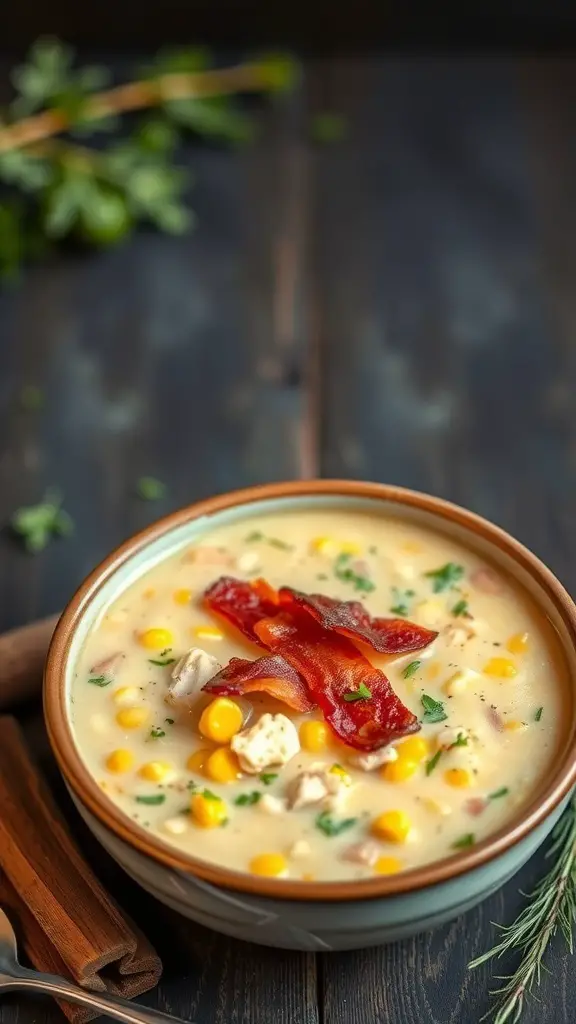 A bowl of creamy chicken and corn chowder topped with bacon and herbs.