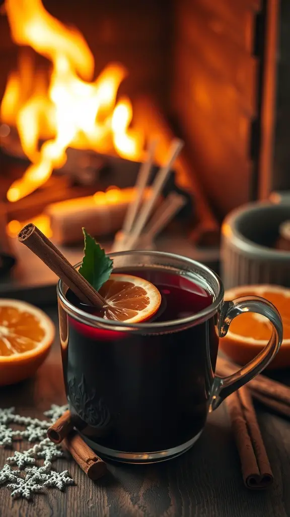 A cozy glass of spiced mulled wine with orange slices and cinnamon sticks, set against a warm fireplace.