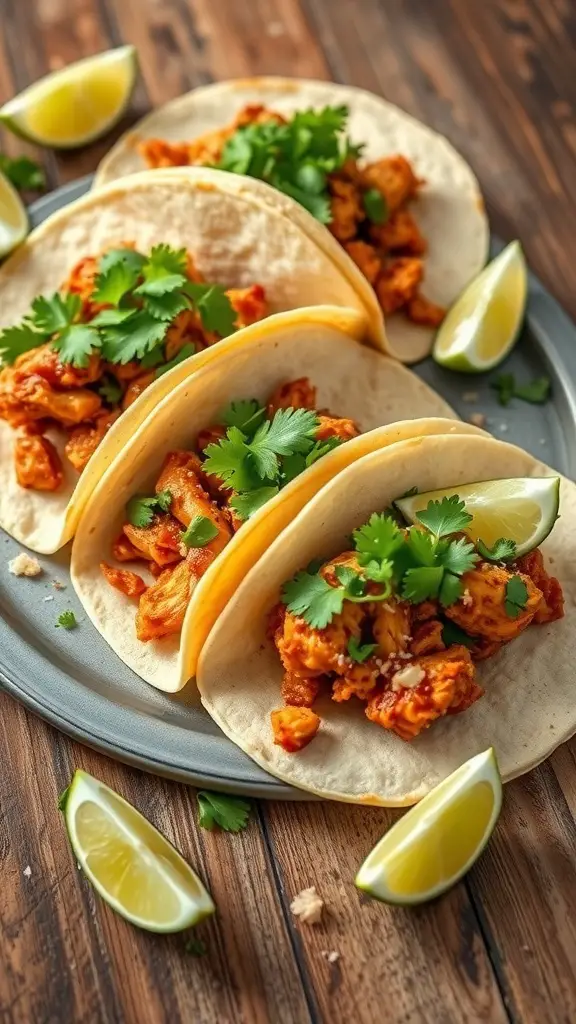 Three spicy chicken tacos with cilantro and lime on a plate