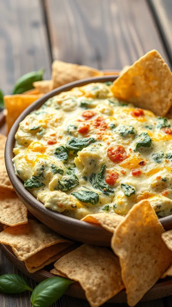 A bowl of cheesy spinach artichoke dip surrounded by tortilla chips