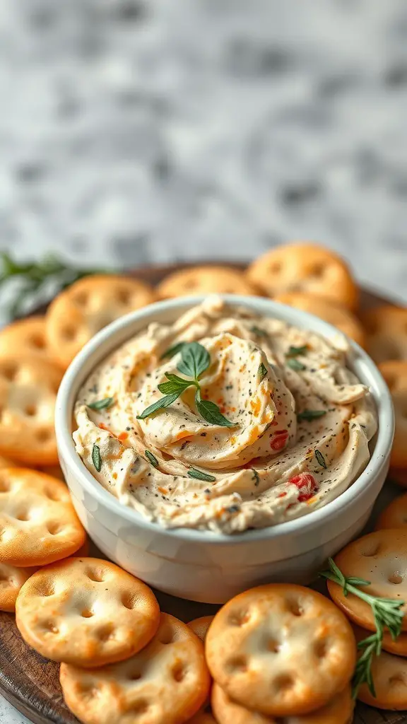 A bowl of zesty cheese spread surrounded by Saltine crackers.