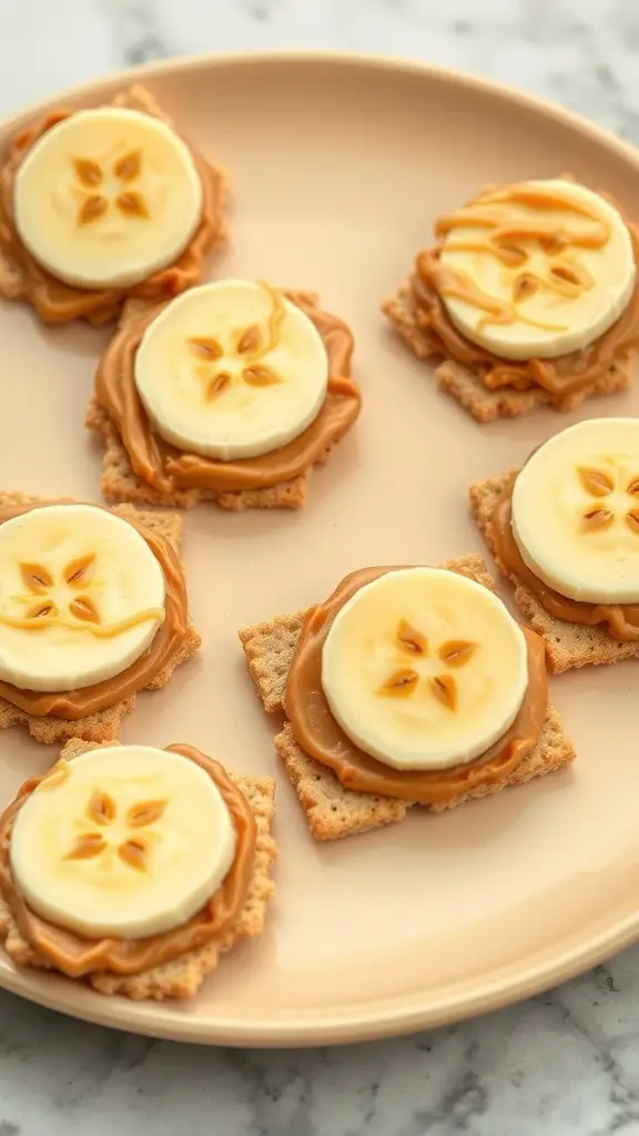 Crackers topped with peanut butter and banana slices on a plate.