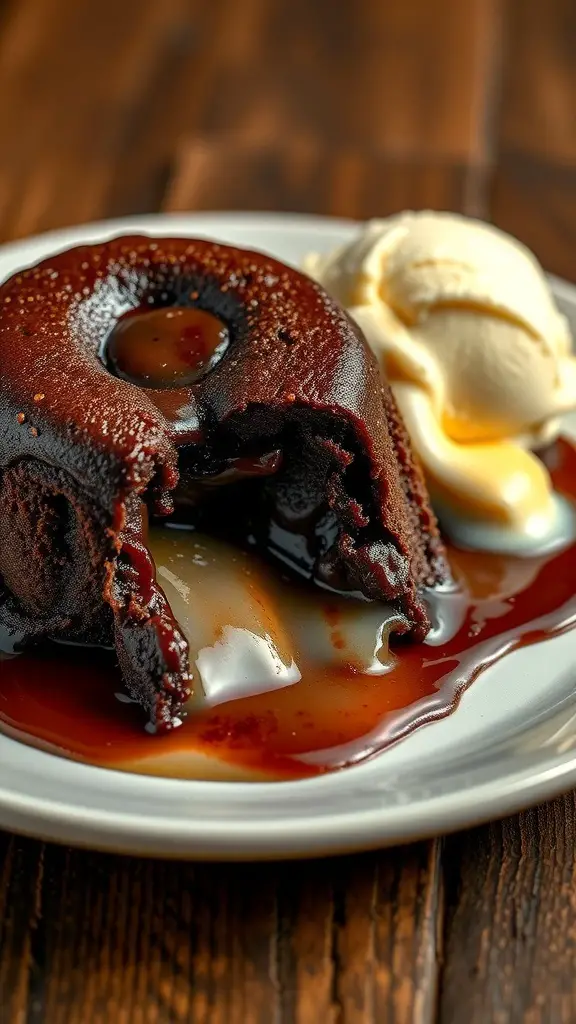 A plate of chocolate lava cake with a scoop of vanilla ice cream, showcasing the molten center of the cake.