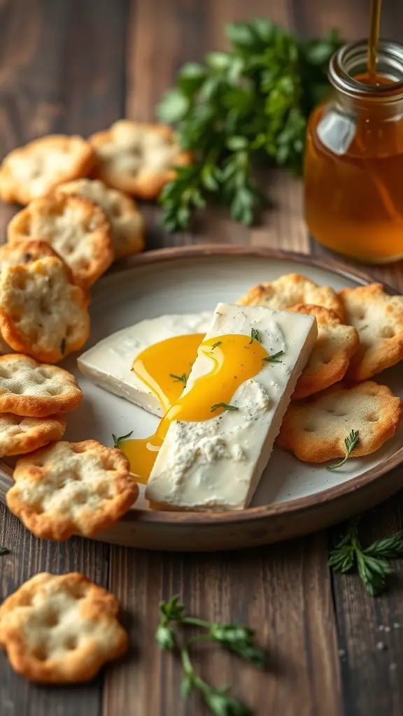 A plate of cheese and herb crackers with honey, garnished with fresh herbs.