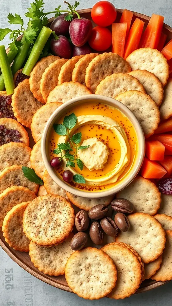 A platter featuring hummus, olive tapenade, assorted crackers, and colorful vegetables.