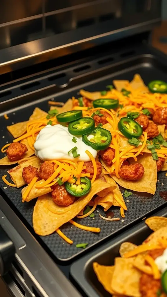 A plate of loaded nachos topped with cheese, jalapeños, and sour cream on a Blackstone griddle.