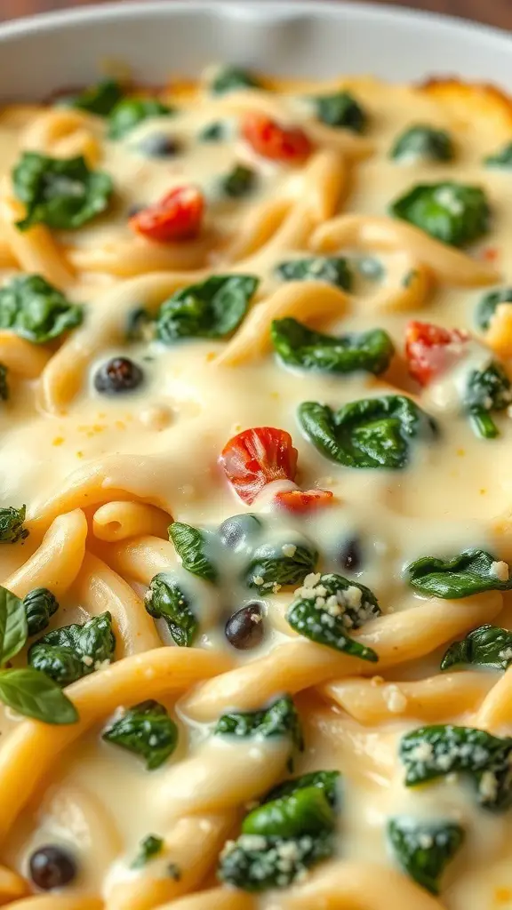 A close-up of a creamy Vegetarian Spinach Alfredo Casserole with pasta, spinach, and cherry tomatoes.
