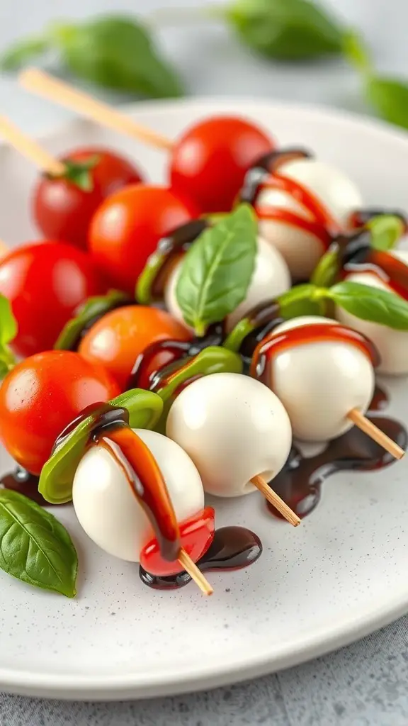 Mini Caprese skewers with cherry tomatoes, mozzarella, and basil drizzled with balsamic glaze