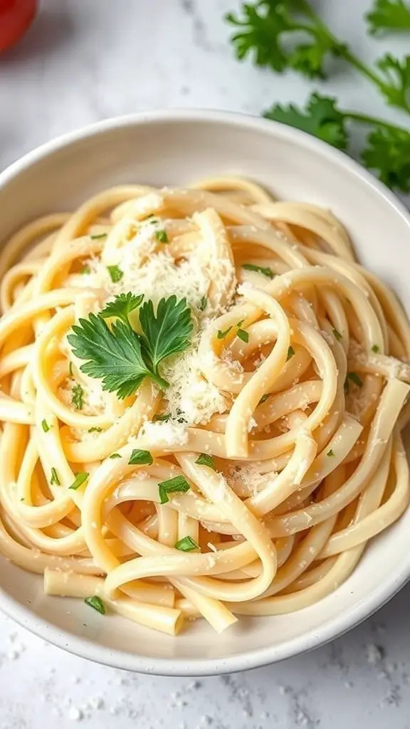 Bowl of creamy Cellentani pasta with Alfredo sauce and parsley garnish