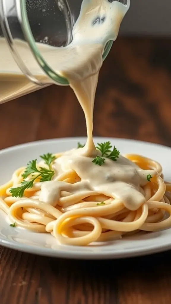A plate of fettuccine pasta topped with creamy Alfredo sauce and garnished with parsley.