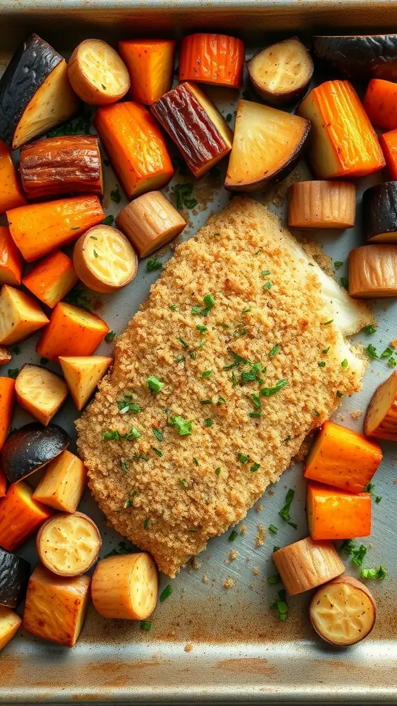 Breaded tilapia fillet surrounded by colorful roasted vegetables on a baking sheet.