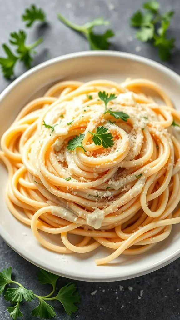 A plate of creamy Alfredo fettuccine noodles garnished with parsley and cheese.