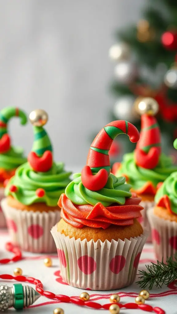 Colorful elf hat cupcakes with green and red frosting, decorated with candy.
