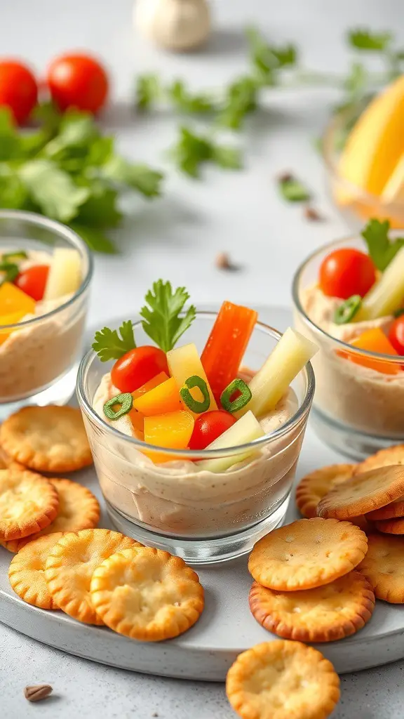 Ritz cracker veggie and hummus cups with colorful vegetables on top