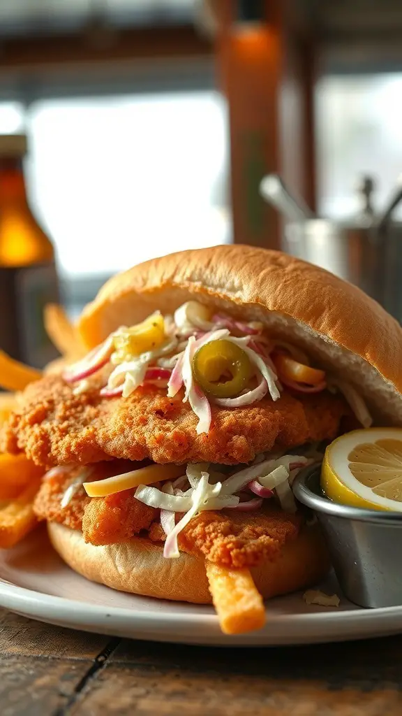 A crispy fish sandwich with slaw, served with fries and a lemon wedge.