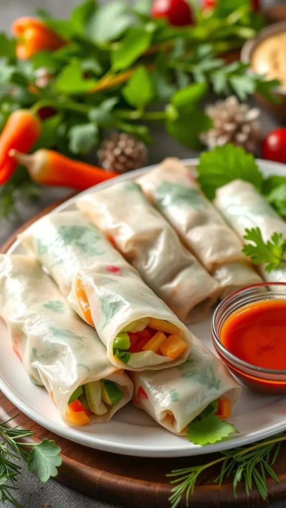 A plate of vegetable spring rolls with a dipping sauce, surrounded by fresh vegetables and herbs.