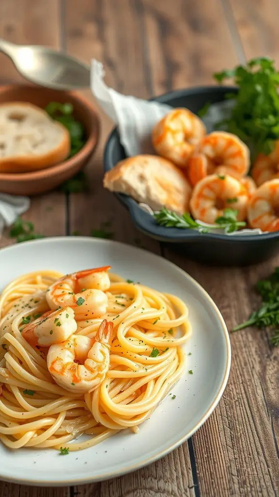 A plate of garlic parmesan shrimp fettuccine with parsley garnish