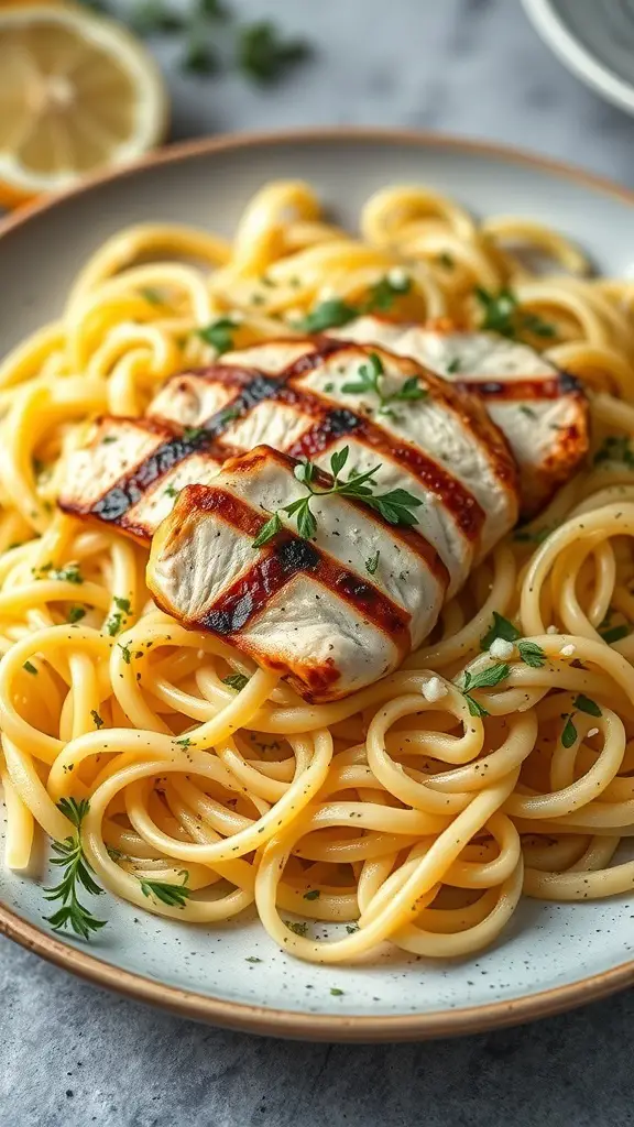 A plate of lemon herb fusilli pasta topped with grilled chicken and garnished with fresh herbs.