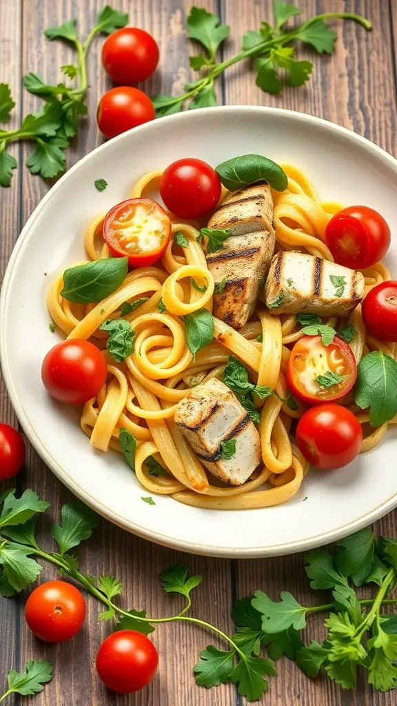 A plate of Pesto Rigatoni with Grilled Chicken, garnished with cherry tomatoes and fresh herbs.