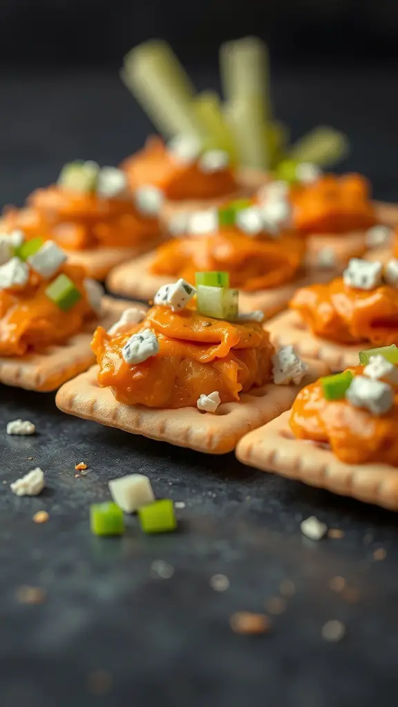 Buffalo chicken saltine cracker bites topped with green onions and blue cheese