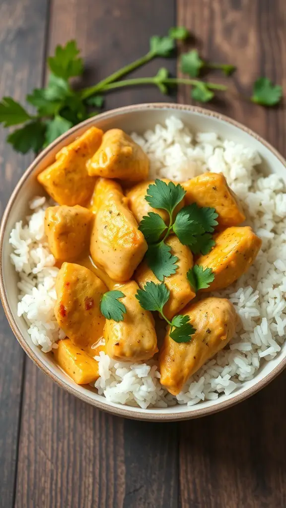 A bowl of coconut curry chicken served over jasmine rice, garnished with fresh cilantro.