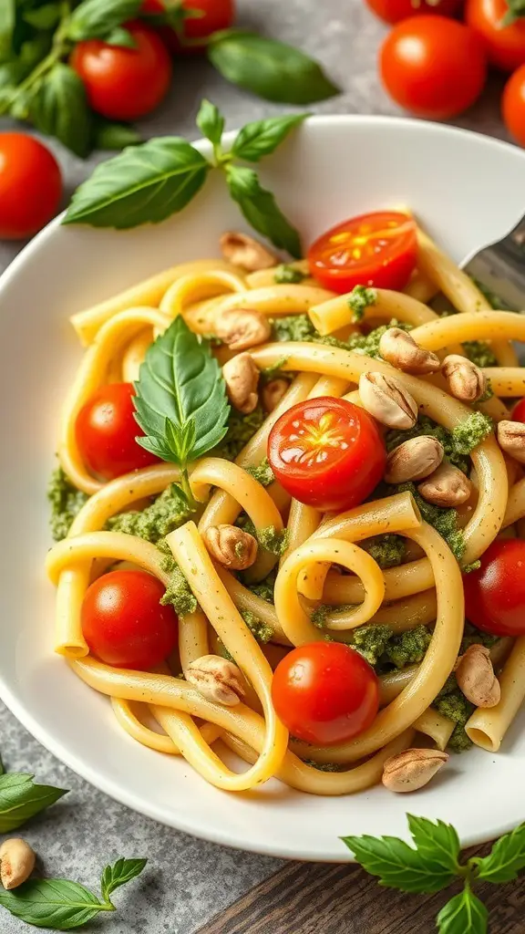A bowl of pesto rigatoni with cherry tomatoes and basil leaves