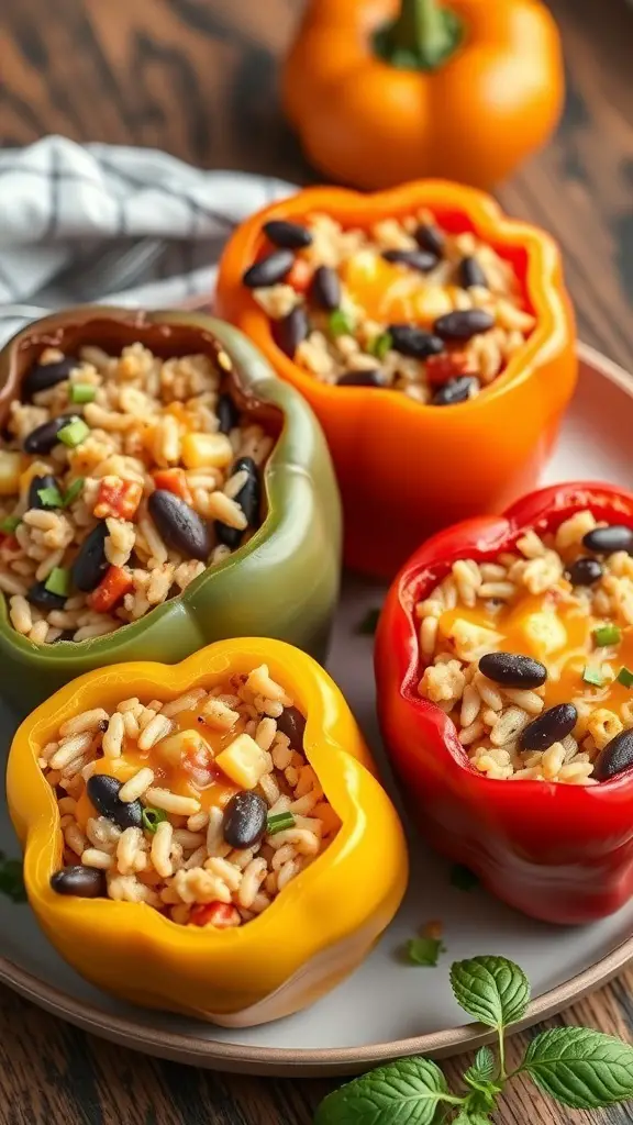 Colorful stuffed bell peppers filled with rice, beans, and cheese on a plate.