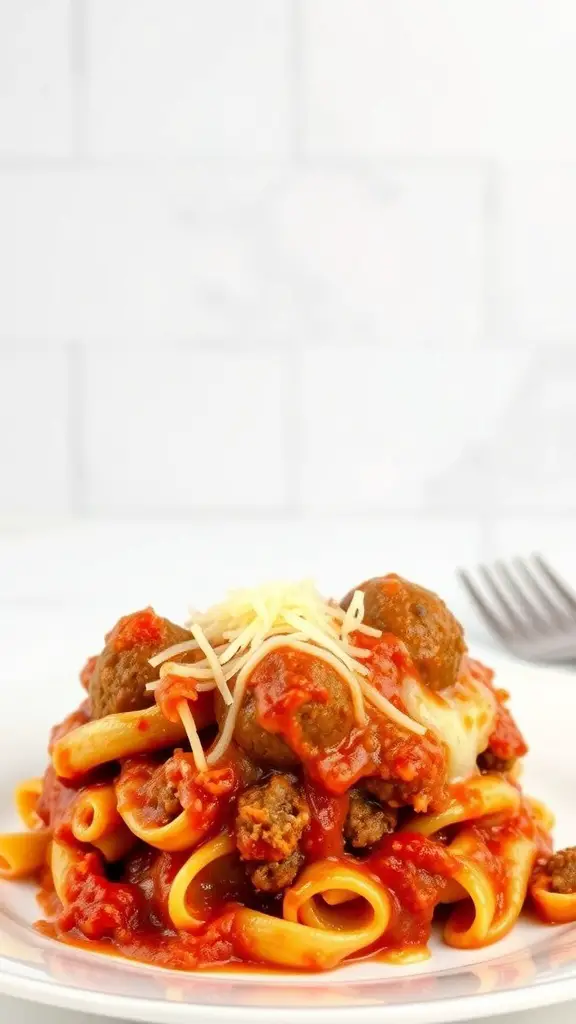 A plate of baked ziti with meatballs, topped with cheese and marinara sauce.