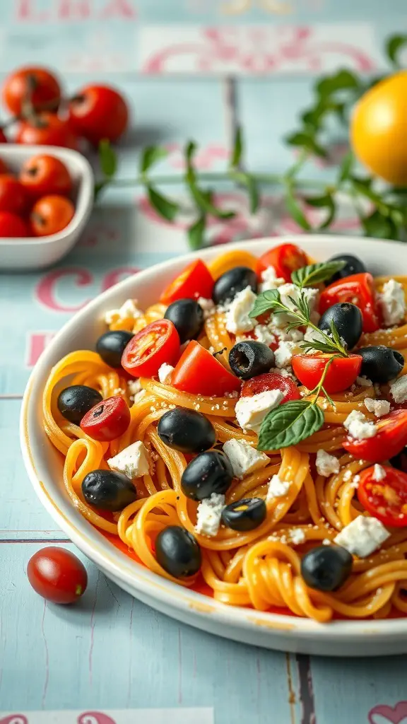 A plate of Mediterranean pasta bake with feta, topped with cherry tomatoes and black olives.
