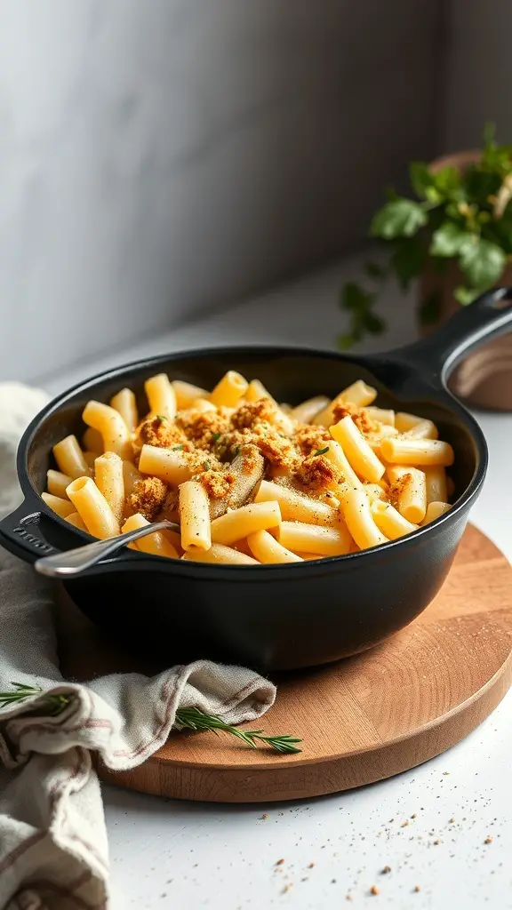 A bowl of cavatappi mac and cheese topped with breadcrumbs