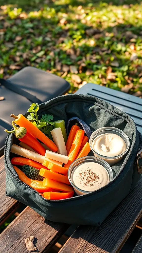 A lunch container filled with colorful vegetables and two small containers of hummus.