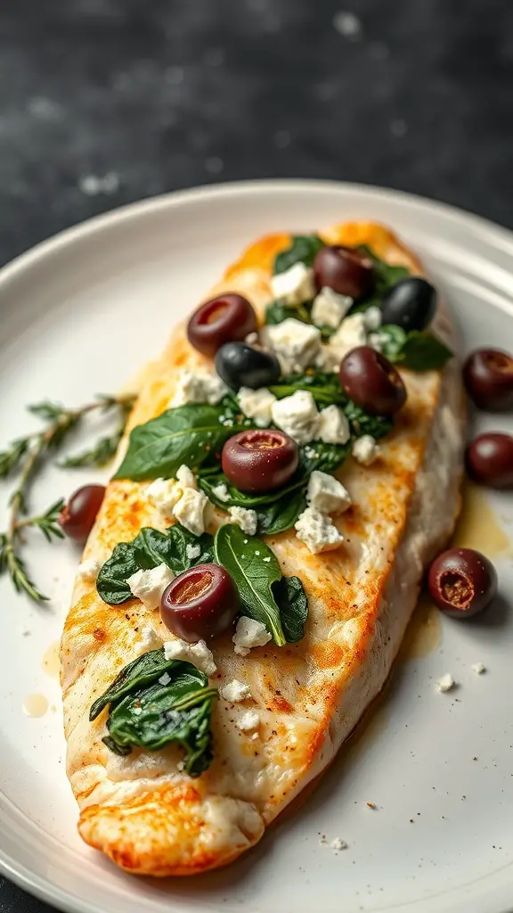 Mediterranean stuffed tilapia topped with spinach, olives, and feta cheese on a plate.