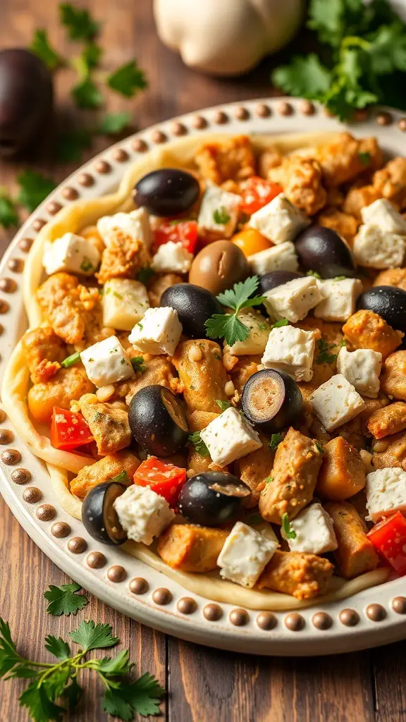 A plate of Mediterranean Turkey Bake with ground turkey, feta cheese, olives, and bell peppers.